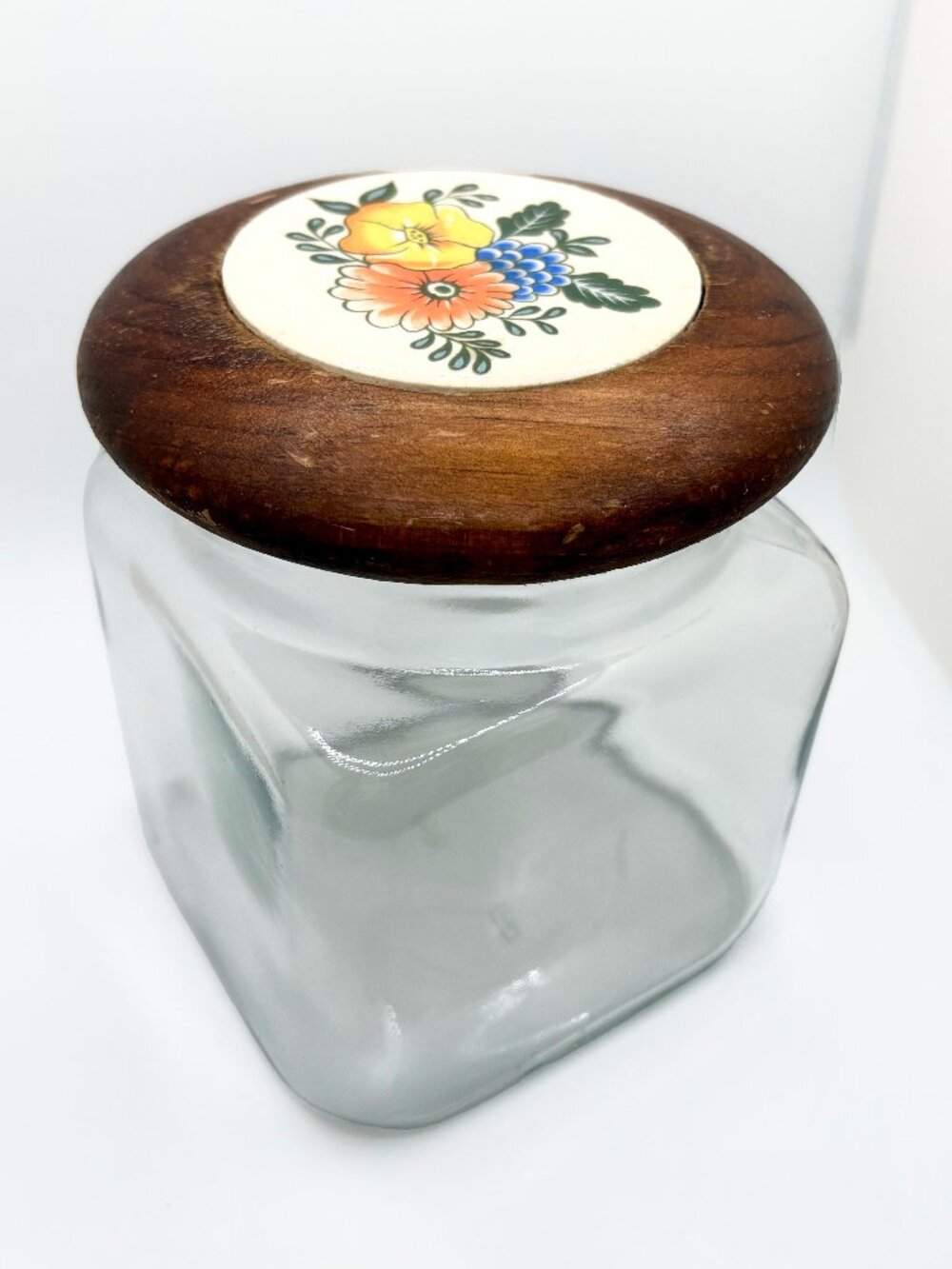 Vintage Anchor Hocking Glass Canister Jar with Wood Lid Floral Insert USA 1970s